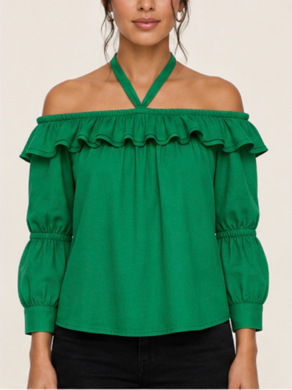 J Crew off the shoulder tie neck top.